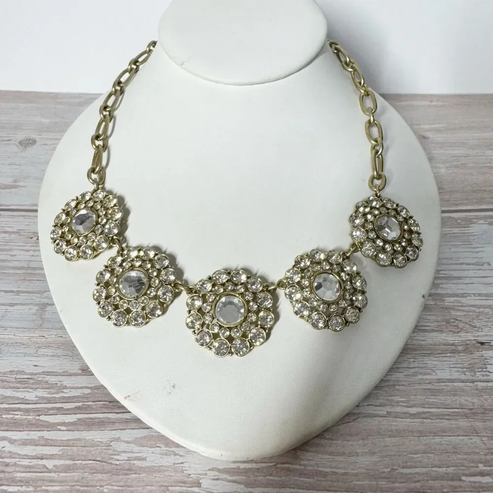 J Crew Sparkling Clear Crystal Necklace Gold Tone Round Clusters Chunky Chain